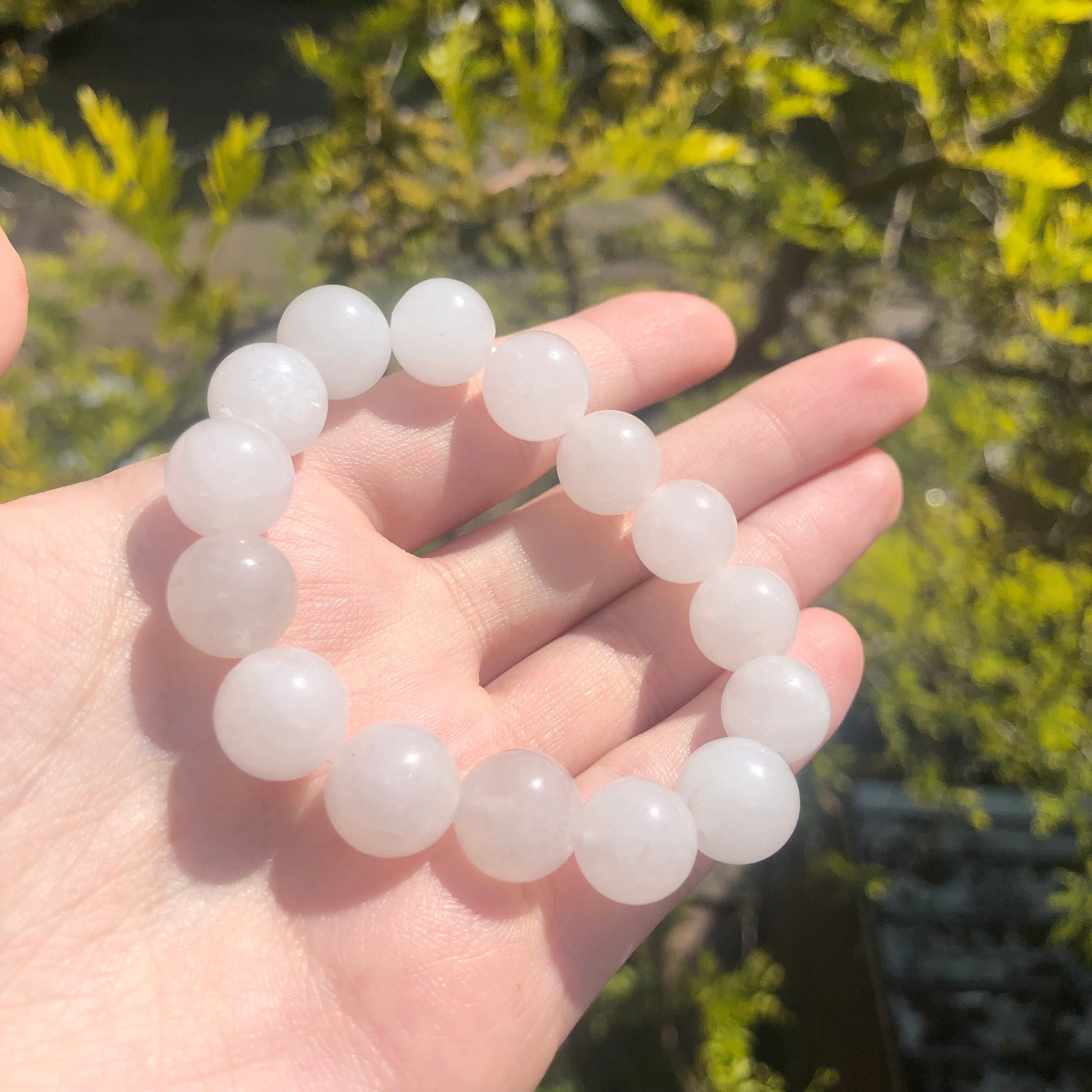 White Jade Beaded 12mm Stretch Bracelet | Crystals, Fairycore, Witch, Healing, Psychic, Spiritual, Magic Jewellery