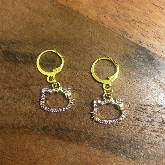 Diamonté Hello Kitty Gold Charm Hoop Earrings | In Ear and Clip Ons Available | Anime, Sanrio, Kawaii, y2k, Barbie, Bimbo, Cat Jewellery