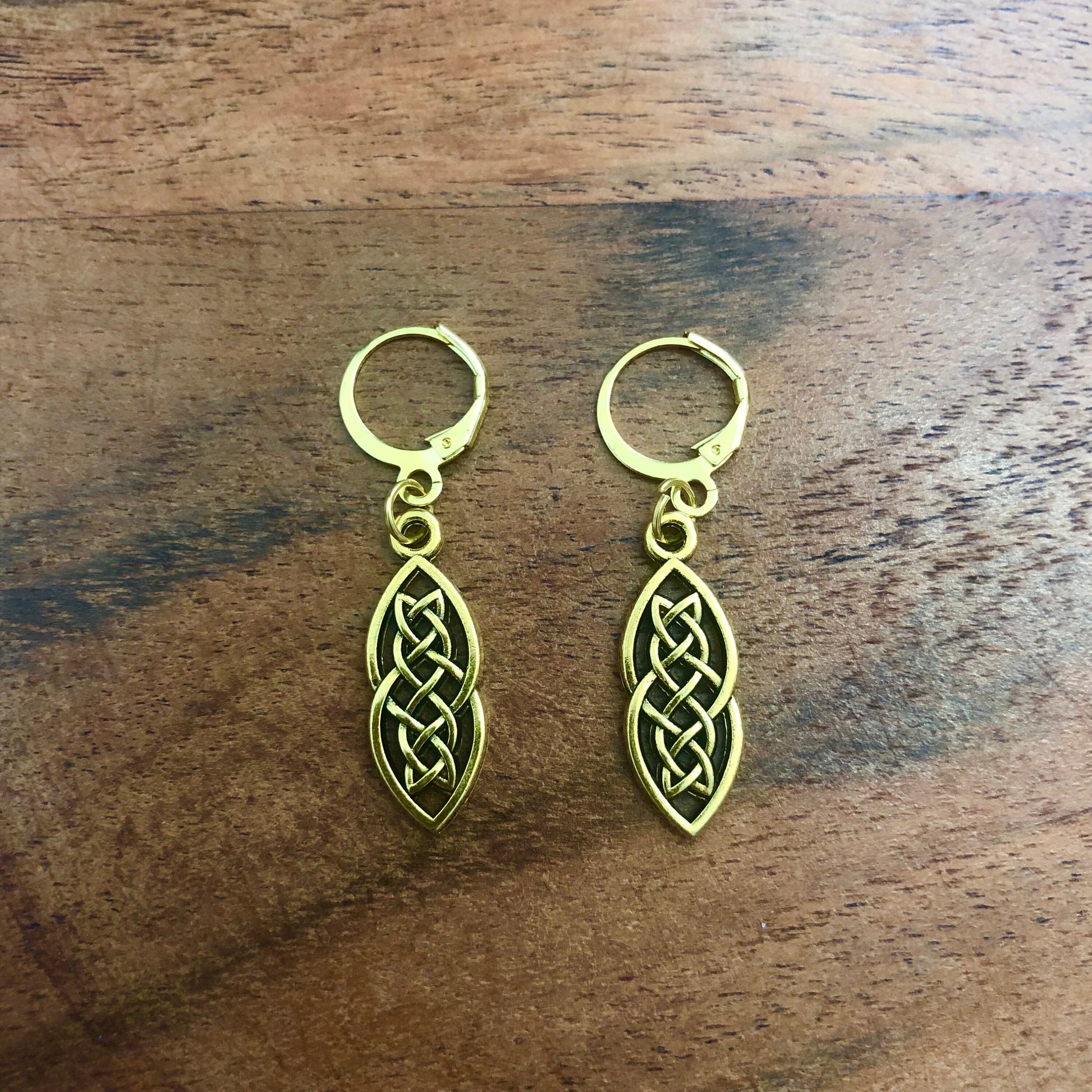 Celtic Leaf Gold Charm Hoop Earrings | In Ear and Clip Ons Available | Witch, Wicca, Celt, Nature, British Jewellery