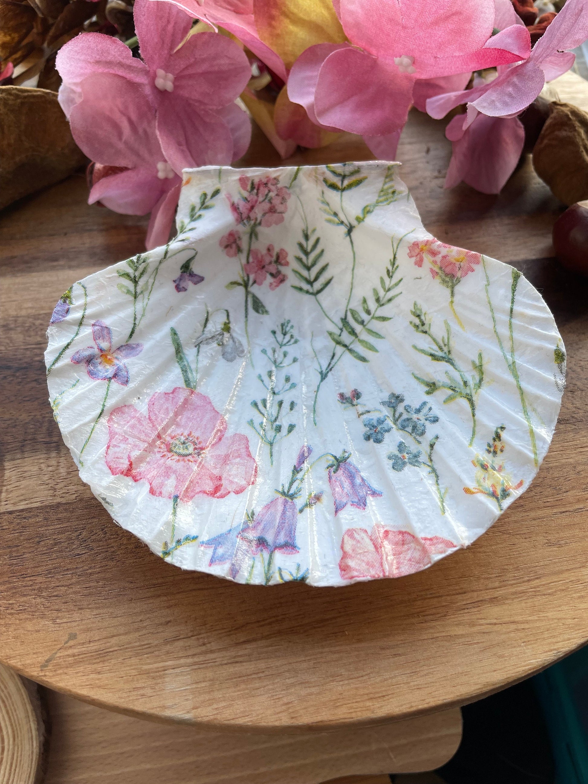 Beautiful hand-decorated Scalloped Shell, decoupaged in a beautiful Flower Design