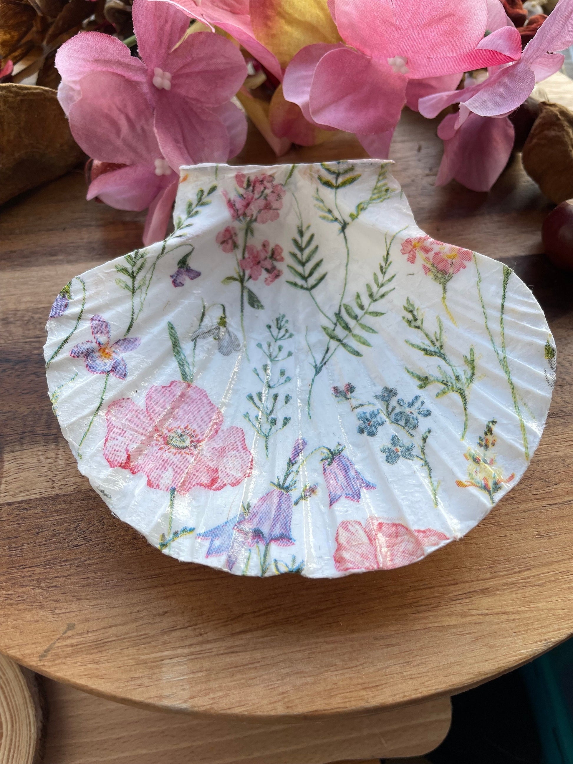 Beautiful hand-decorated Scalloped Shell, decoupaged in a beautiful Flower Design