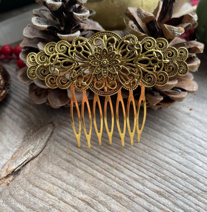 Flower Filigree hair comb in Antique gold