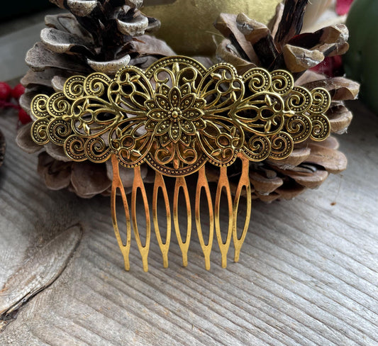 Flower Filigree hair comb in Antique gold