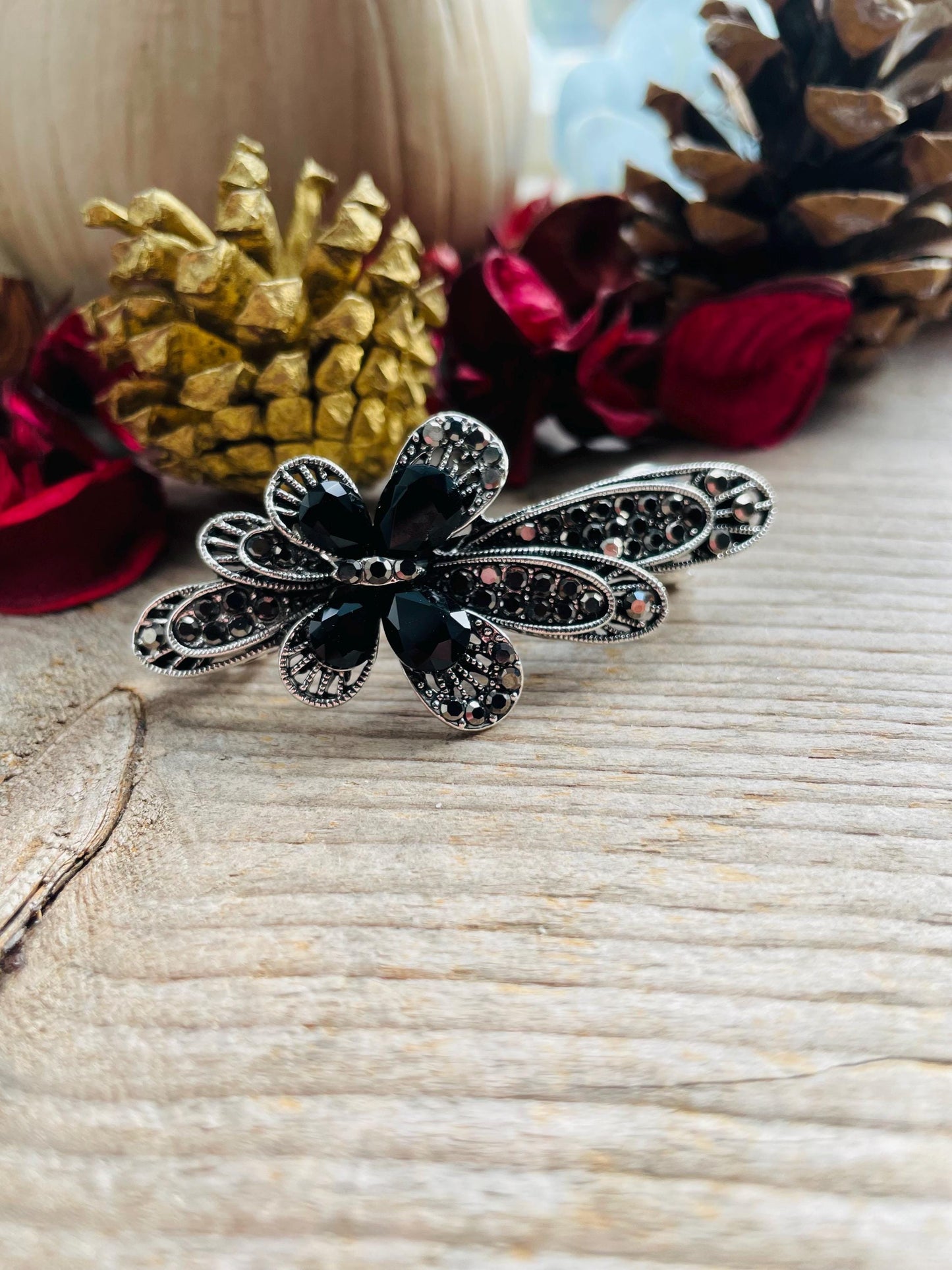 Art deco butterfly crystal hair barrette gorgeous black and grey glass setting