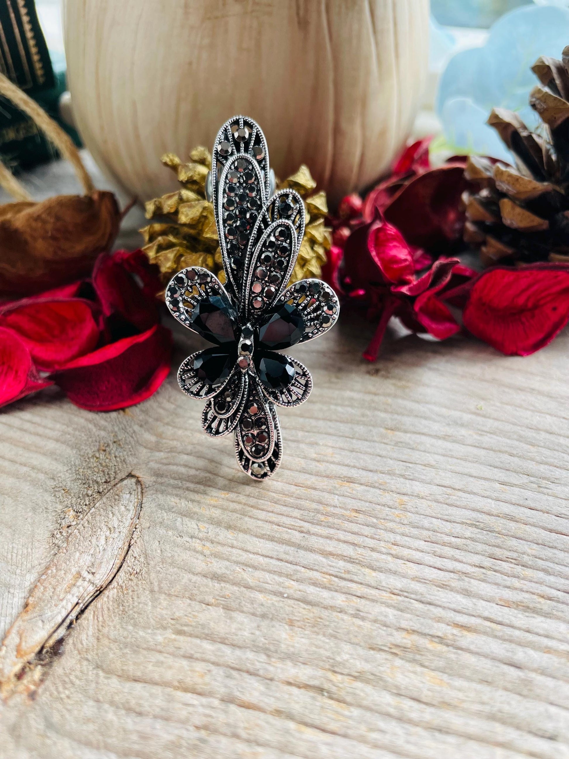 Art deco butterfly crystal hair barrette gorgeous black and grey glass setting