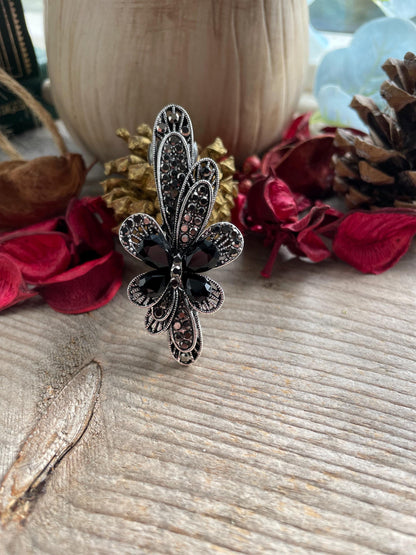 Art deco butterfly crystal hair barrette gorgeous black and grey glass setting