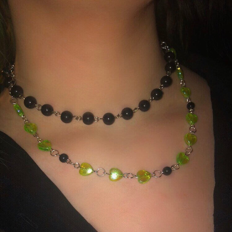 Green Hearts Rosary Style Necklace