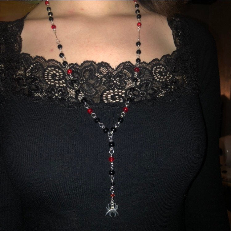 Black and Red Spider Rosary | Insect, Halloween, Mall Goth, Emo Jewellery