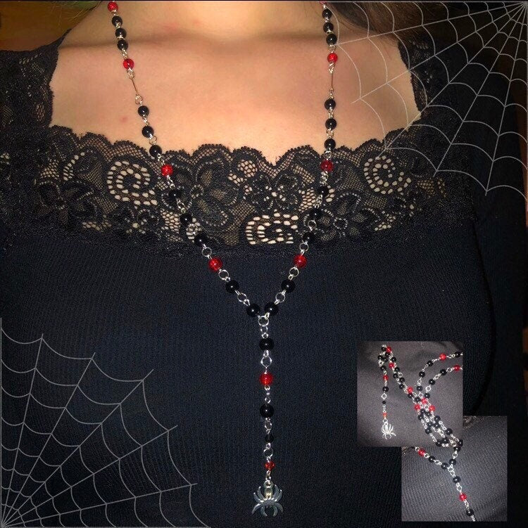 Black and Red Spider Rosary | Insect, Halloween, Mall Goth, Emo Jewellery