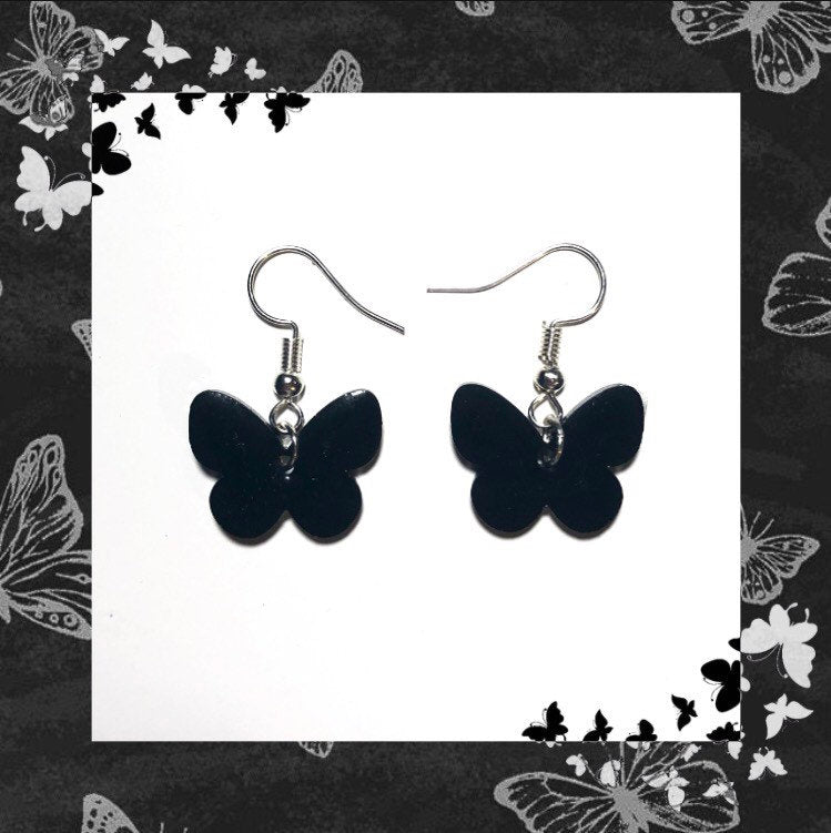 Black Butterfly Earrings | In Ear and Clip Ons Available, Different Metals Available | Grunge, Goth, Nature, Insect, Resin Jewellery