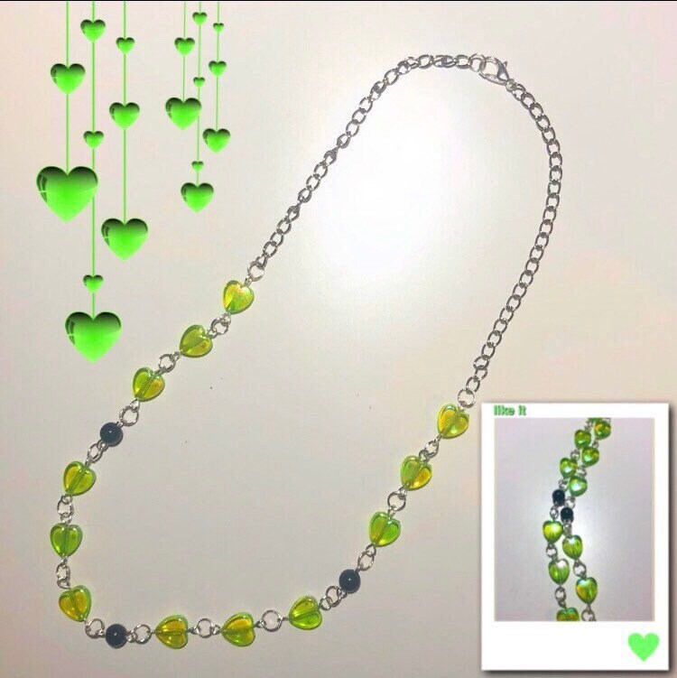 Green Hearts Rosary Style Necklace