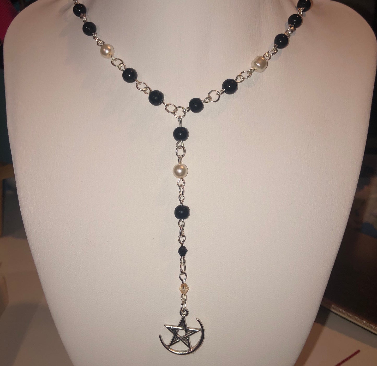 Black and Pearl Moon and Star Rosary | Celestial, Lunar, Space, Moon Child, Nature, Astrology Jewellery