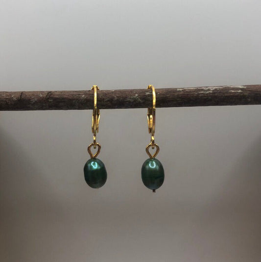 Dark Green Dainty Fresh Water Pearl Earrings | In Ear and Clip Ons Available