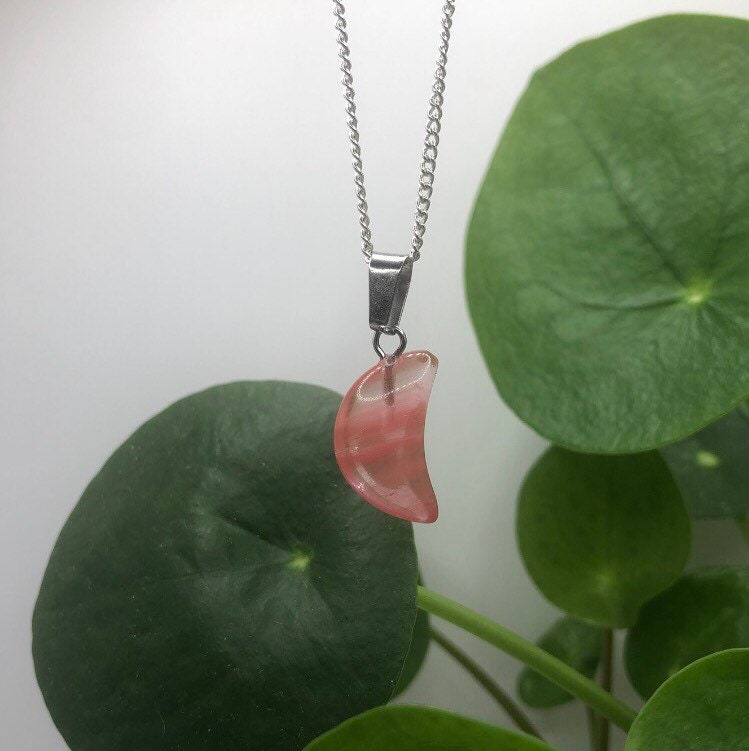 Cherry Watermelon Quartz Moon Necklace | Witch, Cleansing, Magick, Crystal Jewellery