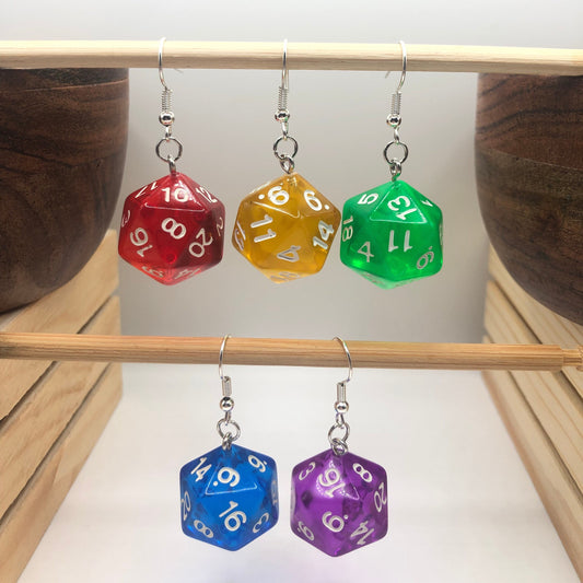 D20 Colourful Earrings [Translucent] | In Ear and Clip Ons Available | Nerd, Fantasy, Dungeons and Dragons, DnD, Dice, Gaming Jewellery