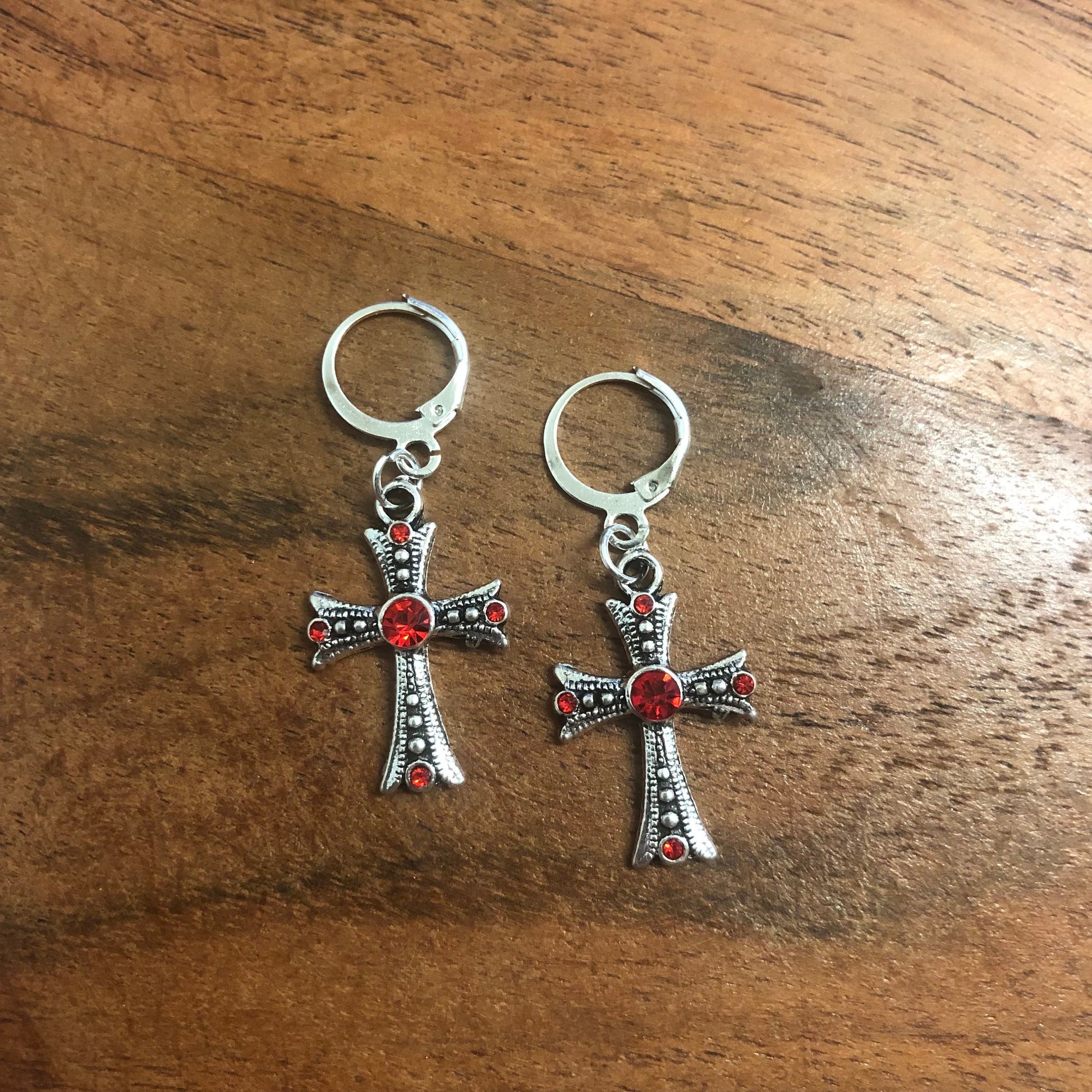 Cross with Red Embellishments Charm Hoop Earrings | In Ear and Clip Ons Available | Religious, Christianity, Goth, Vampire Jewellery