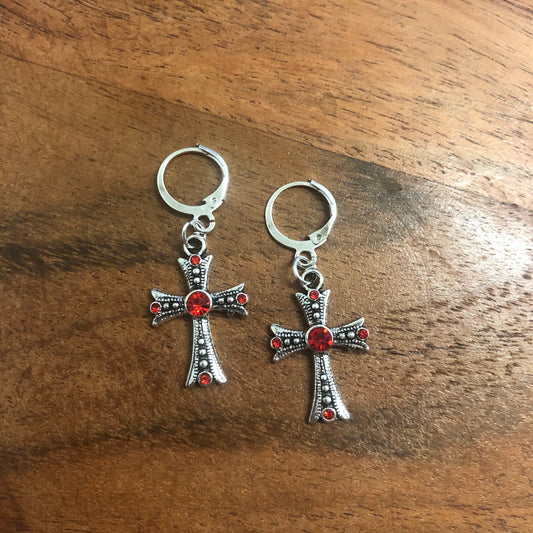 Cross with Red Embellishments Charm Hoop Earrings | In Ear and Clip Ons Available | Religious, Christianity, Goth, Vampire Jewellery