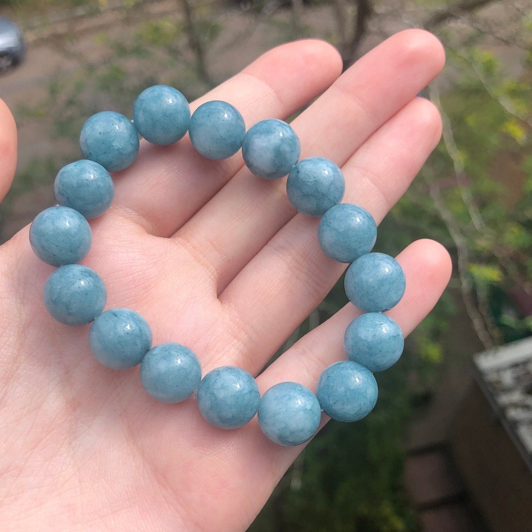 Aquamarine Beaded 12mm Stretch Bracelet | Crystals, Fairycore, Witch, Healing, Psychic, Spiritual, Magic Jewellery