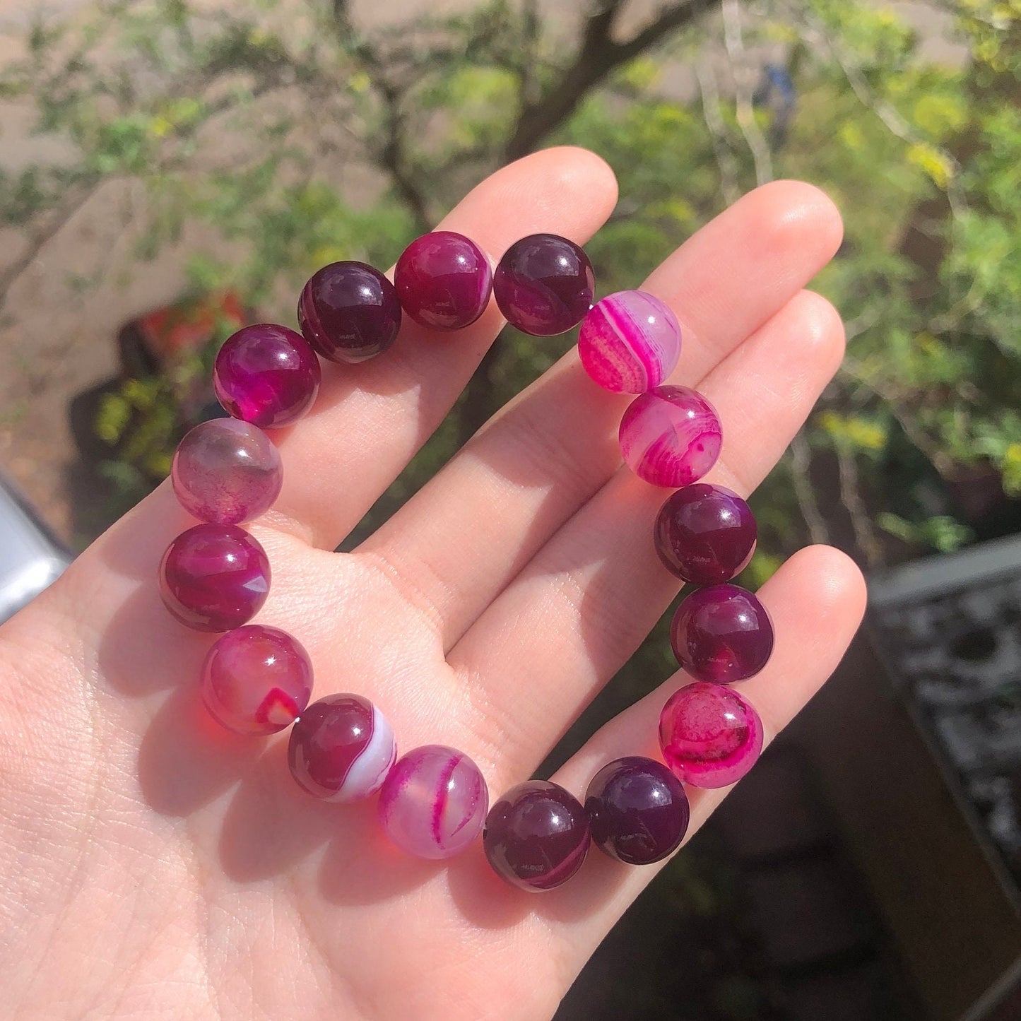 Pink Banded Agate Beaded 12mm Stretch Bracelet | Crystals, Fairycore, Witch, Healing, Psychic, Spiritual, Magic Jewellery