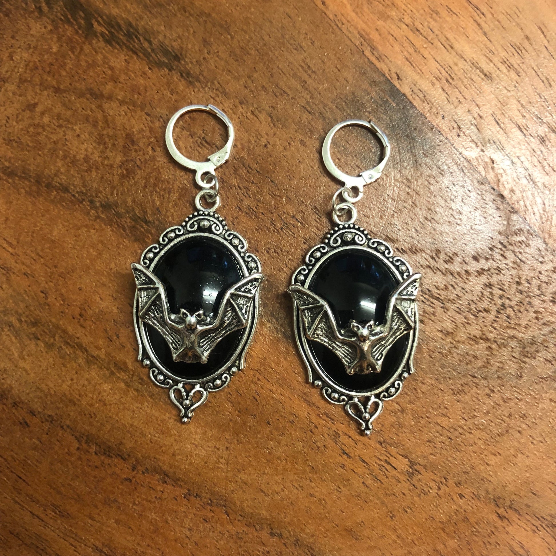 Bat Cameo Charm Hoop Earrings | In Ear and Clip Ons Available | Victorian, Halloween, Goth, Vampire, Bats, Unique, Alternative Jewellery