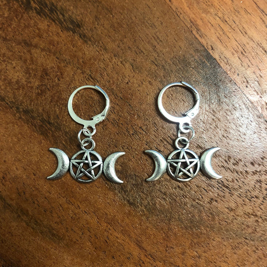 Triple Moon Pentagram Charm Hoop Earrings | In Ear and Clip Ons Available |Halloween, Witch, Witchcraft, Wicca, Pagan, Lunar, GothJewellery