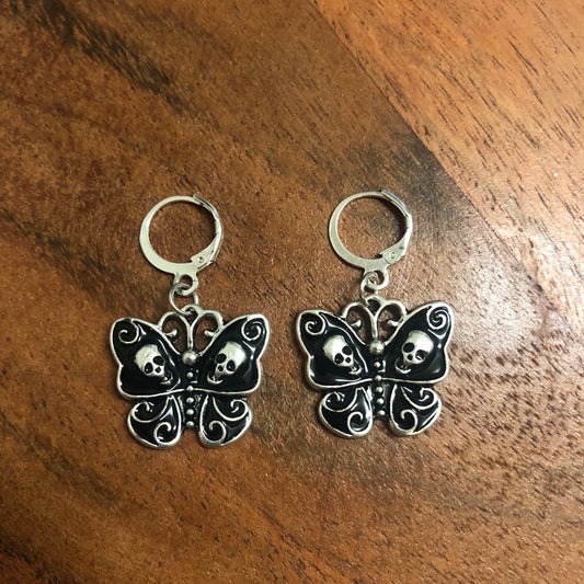 Black Butterfly with Skulls Enamel Charm Hoop Earrings | In Ear and Clip Ons Available | Halloween, y2k, Goth, Edgy, Alternative Jewellery