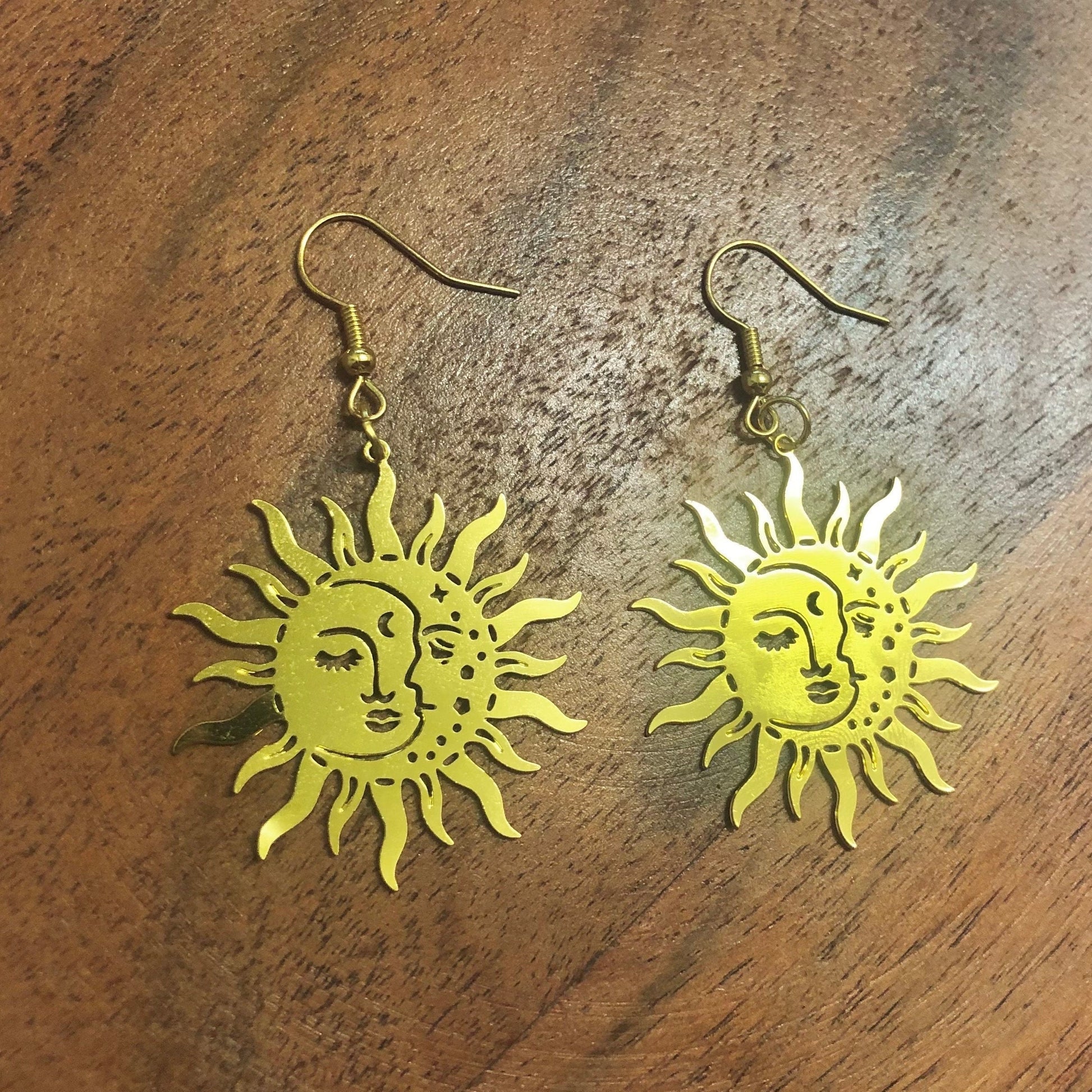 Sun and Moon Gold Charm Hoop Earrings | In Ear and Clip Ons Available | Witch, Celestial, Lunar, Earth, Nature, Wicca, Spiritual Jewellery