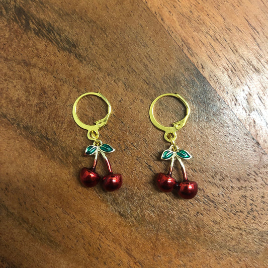 Enamel Cherry Charm Hoop Earrings | In Ear and Clip Ons Available | Fruit, Fruity, Summer ,Spring, y2k, Unique, Foodie, Statement Jewellery