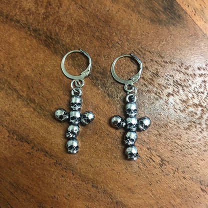 Skull Cross Charm Hoop Earrings | In Ear and Clip Ons Available | Religious, Christianity, Goth, Halloween, Alternative, Emo, Edgy Jewellery