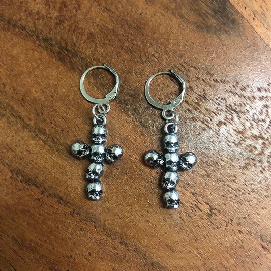 Skull Cross Charm Hoop Earrings | In Ear and Clip Ons Available | Religious, Christianity, Goth, Halloween, Alternative, Emo, Edgy Jewellery